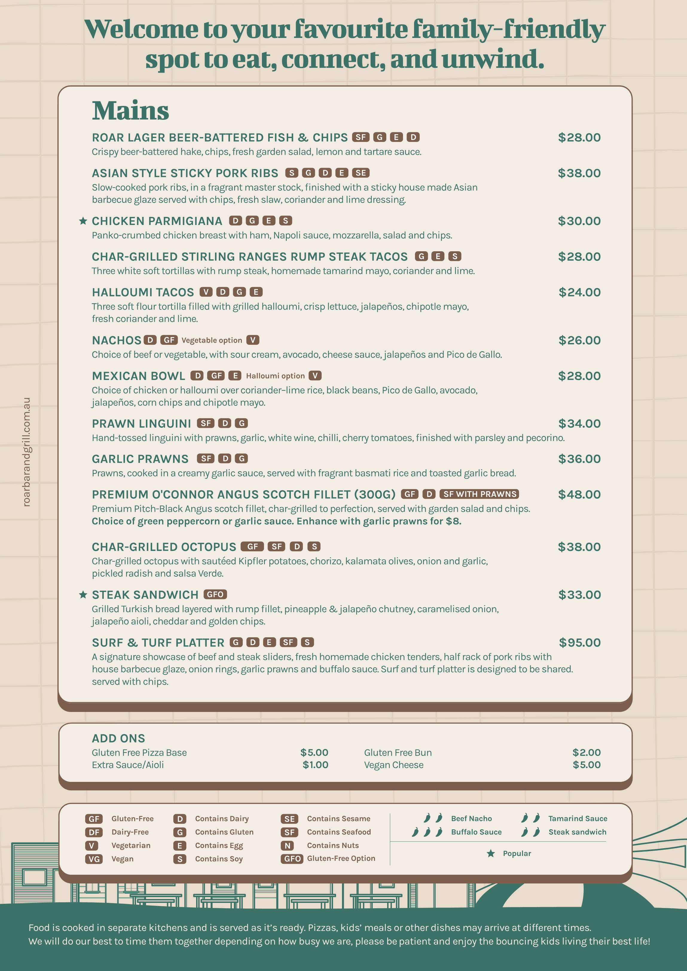 ROAR Bar & Grill Lunch Dinner Menu