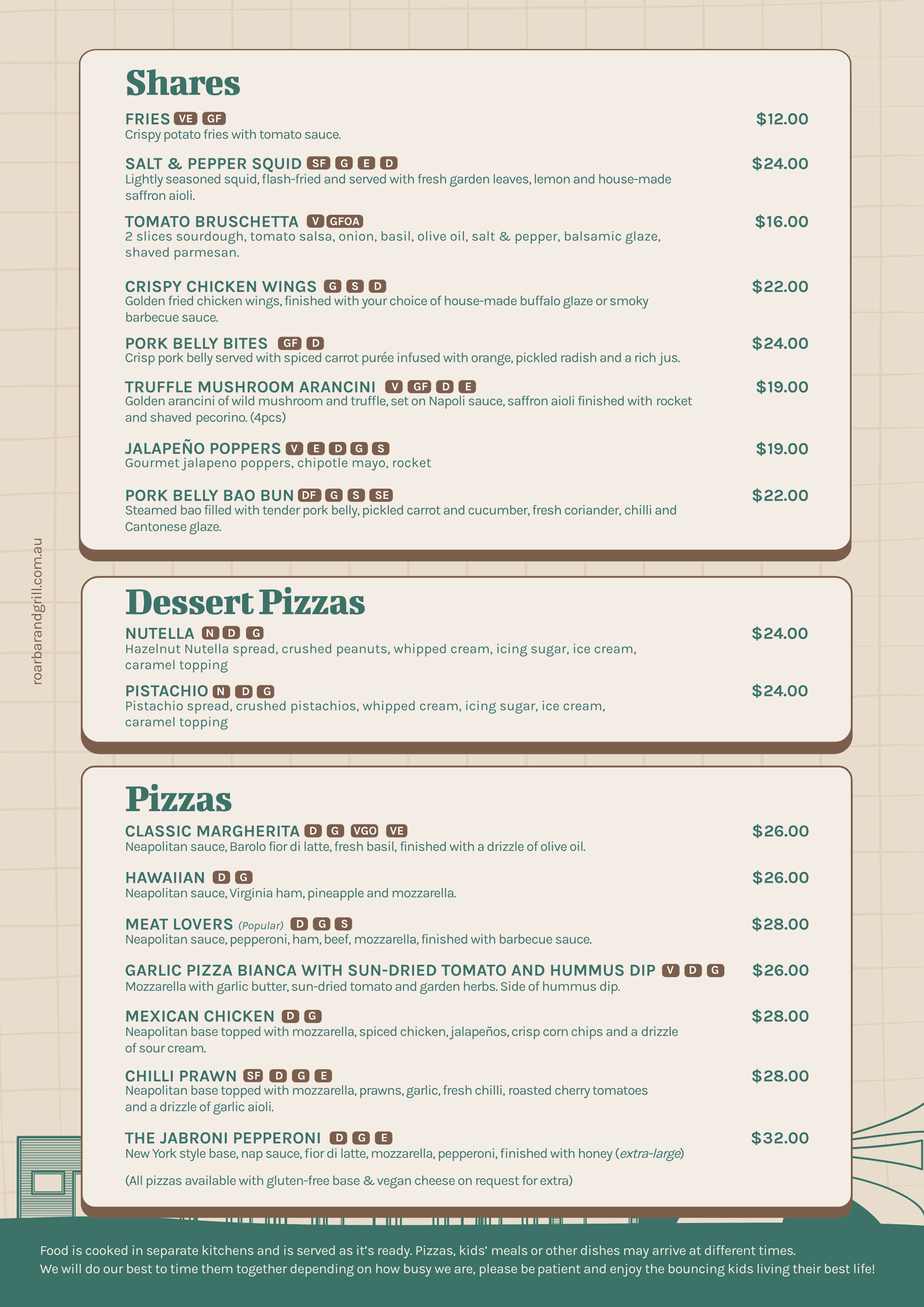 ROAR Bar & Grill Lunch Dinner Menu